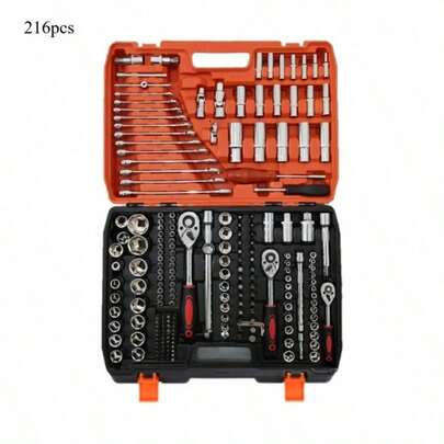 216pcs Multi-Purpose Tool Set - Heat-Treated Cr-V Socket Wrench Orange/Black Storage Case For Automotive/Home/DIY Repair