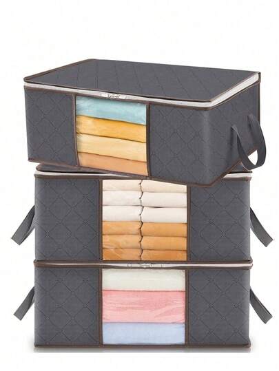 3pcs Visible Window Storage Bags, Clothing Storage Box, Foldable Wardrobe Storage Box, Handled Storage Container For Blankets, Bedding, Clothes