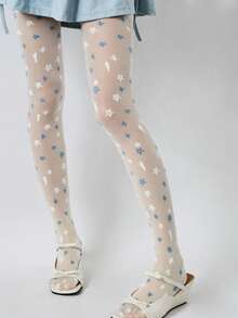 1双女士可爱蓝白星星印花连裤袜，Y2K多巴胺撞色丝袜，洛丽塔JK风格打底裤，适合派对、洛丽塔聚会、街拍、日常可爱穿搭