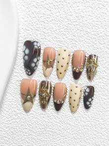 10pcs Elegant Retro Nail Art Stickers, Steel Ball Heart Nail Accessories, Small Heart Pattern Decor, Deep Red Nail Polish, 3 Styles Available: Almond, Square, Duck Mouth Nail Stickers, Includes Tool Kit, Suitable For Women & Girls For Daily, Party, Valentine's Day, Important Occasions Handmade Press On Nails - 彩色 - 查看 11