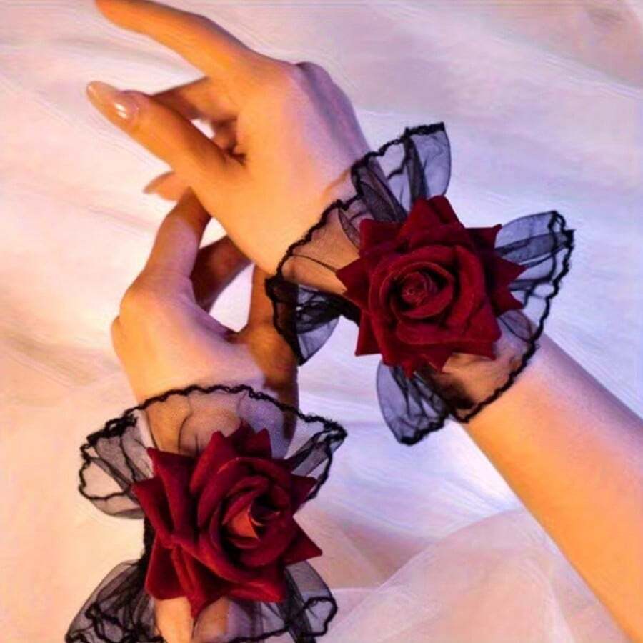 2pcs Valentine's Day Rose Lolita Hand Accessories, Rose Wrist Decor, Fashion Gothic Lace Wristband, Fresh Rose Flower Decor, Lolita Punk Retro Lace Rose Wristband, Activity Party Hand Decoration - Multicolor - View 1