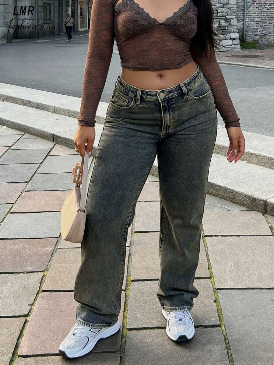 女士加大码 Y2K 复古水洗宽松直筒牛仔裤 - 舒适透气，春季时尚牛仔裤 - 懷舊色 - 查看 1