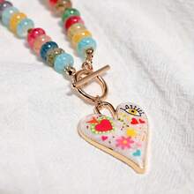 Handmade Colorful Glass Bead Necklace With Heart Pendant - Elegant O-Tassel Chain For Daily Wear & Parties, Perfect For All Occasions, Party Accessory |   Vibrant Accessory |   Handcrafted Jewelry, Necklace For - Color 5 - 查看 6