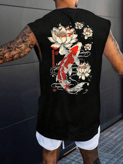 男士休闲无袖印花圆领背心，1件装，适合运动、健身和日常穿着，夏季