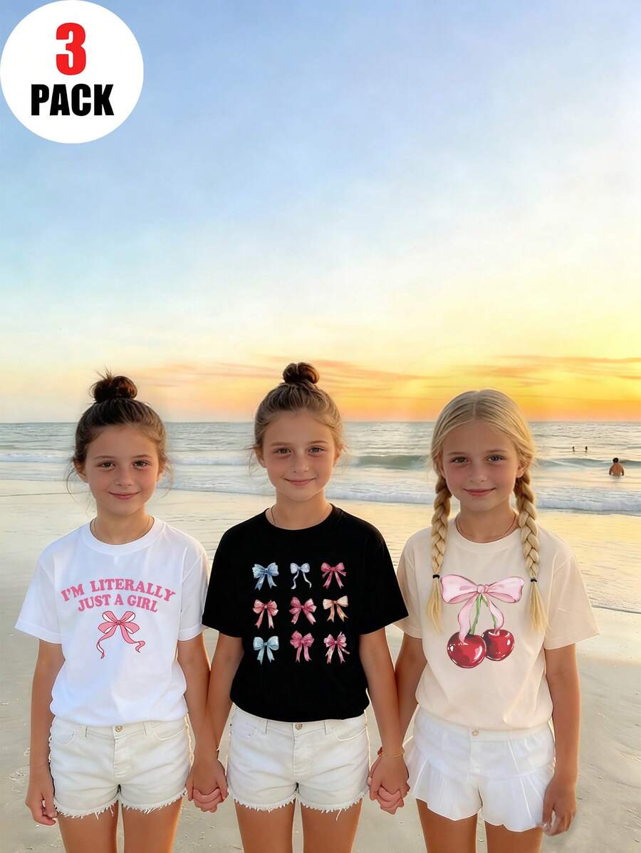 3件套女童休闲印花圆领短袖T恤，适合学生夏季穿着 - 复古蝴蝶结彩色T恤，为每个孩子带来快乐！童装，女童图案T恤，夏季上衣，青少年服装
