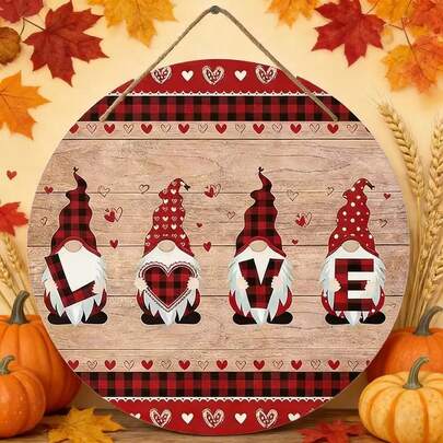 1pc, Happy Valentine's Day, Valentine's Day Dwarf Wooden Sign,(8"X8"In/20 X20 Cm), Round Signs, Wall Decor, Home Decor, Room Decor, Porch Decor.