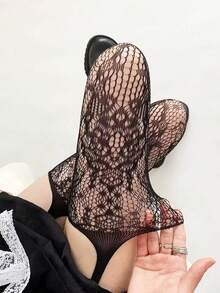 1双蕾丝玫瑰图案镂空网眼过膝袜，镂空设计，适合夏季日常聚会、派对、郊游，也可作为圣诞礼物。 - 黑色 - 查看 5