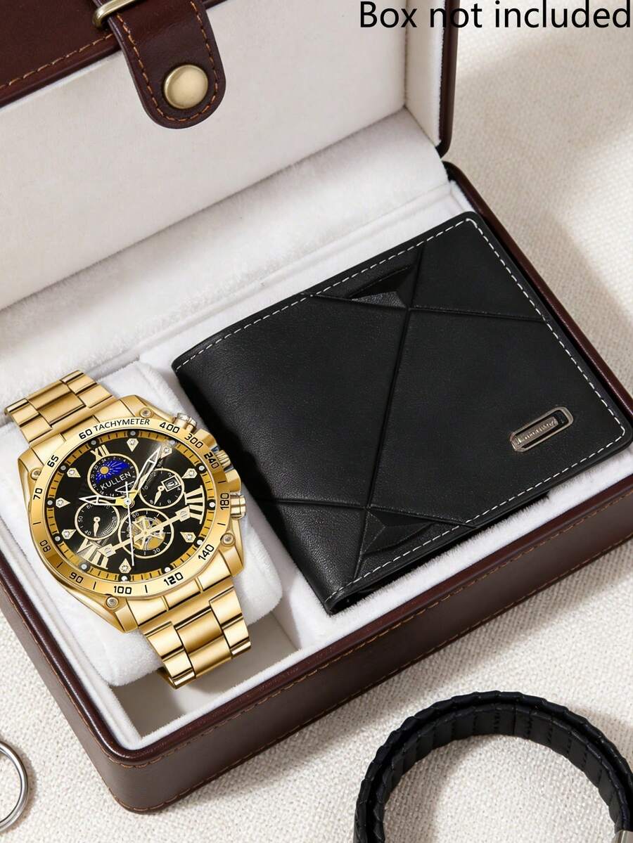 Set de 2 relojes de lujo dorados para hombres, que incluye 1 reloj de cuarzo dorado con función múltiple y números romanos, y 1 billetera de cuero PU con patrón de rombos negros - Dorado - Ver 1