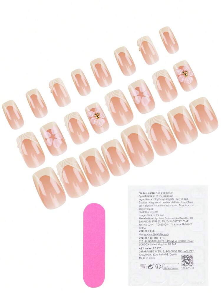 24pcs Short Square Fake Nails, Yellow French Pink Floral Nail Art, Cute Chrome Alloy Acrylic Press-On Gel Nail Kit (Includes: 1pc Jelly Gel And Nail File), Suitable For Women's Daily, Date, Party - Multicolor - View 2