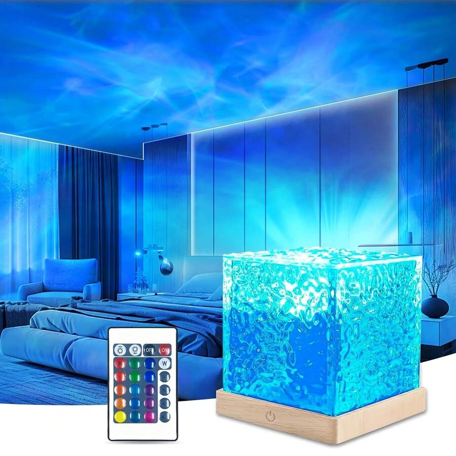 16-Color Ocean Wave Projector Lights, Luminothe Cube Lights And Rechargeable With Remote Controllers, 3D Holographic Water Ripple Romantic Atmosphere Lighting Device, Suitable For Decoration In Living Rooms And Bedrooms, Meditation Relaxation, And Night Lighting - 方塊 - 查看 1