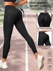Women's High Waist Elastic Skinny Leggings, With Back Pocket Design, Slim Fit Shaping Sports Yoga Pants - Black - View 1