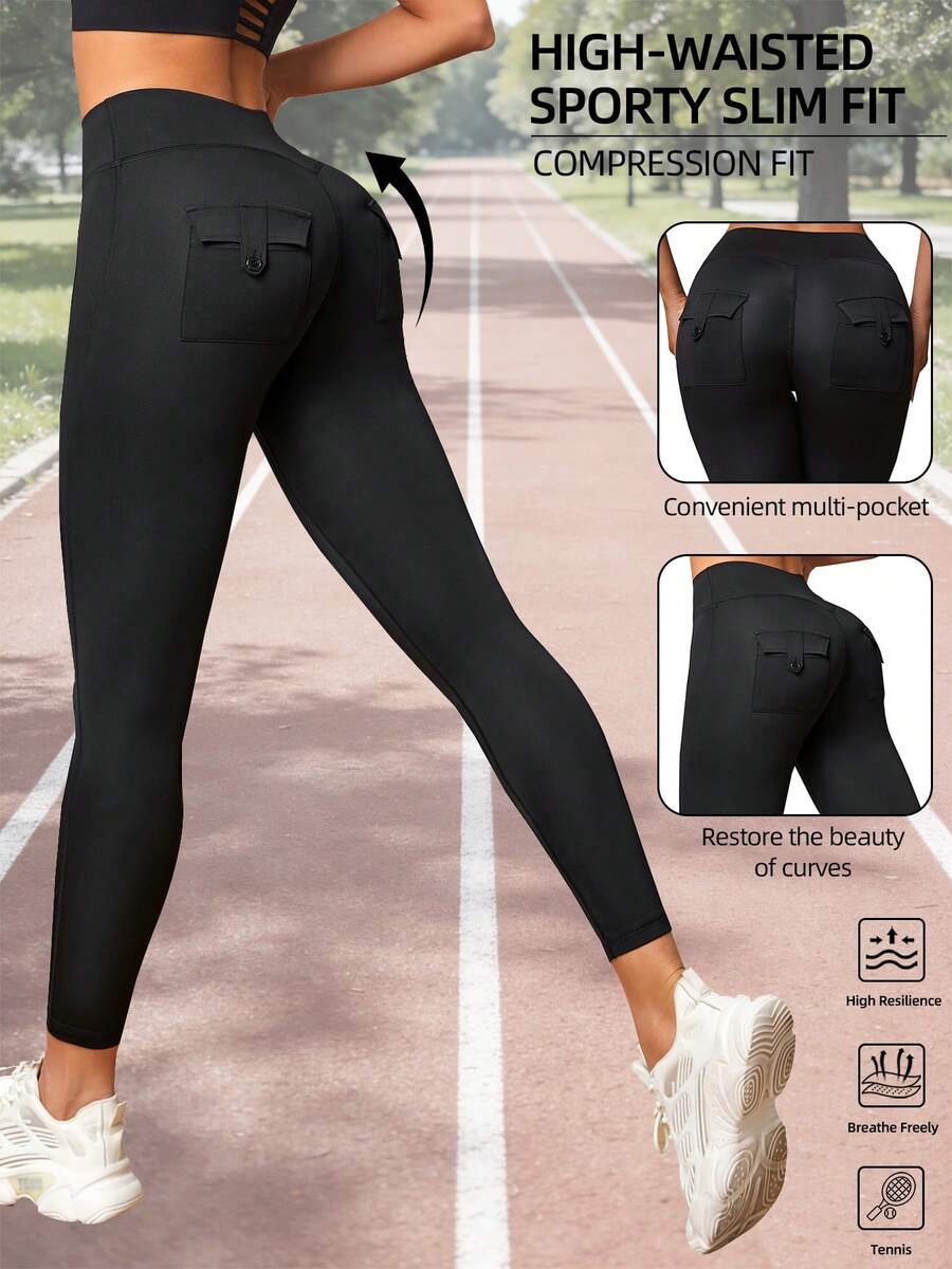 Women's High Waist Elastic Skinny Leggings, With Back Pocket Design, Slim Fit Shaping Sports Yoga Pants - Black - View 1