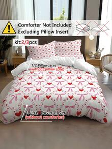 2/3pcs Bedding Set, Princess Style Bow & Heart Print Pattern, Comfortable Bedroom Decor, Suitable For Valentine's Day, Birthday, Holiday Gift (1*Duvet Cover+1/2*Pillow Case), Excluding Filler Material - 2601DM52 - View 6
