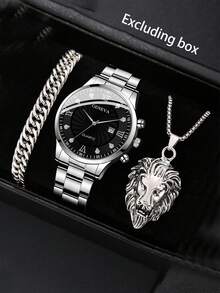 Men's Fashion Rhinestone Inlaid Alloy Steel Band Watch, Bracelet & Lion Jewelry Set