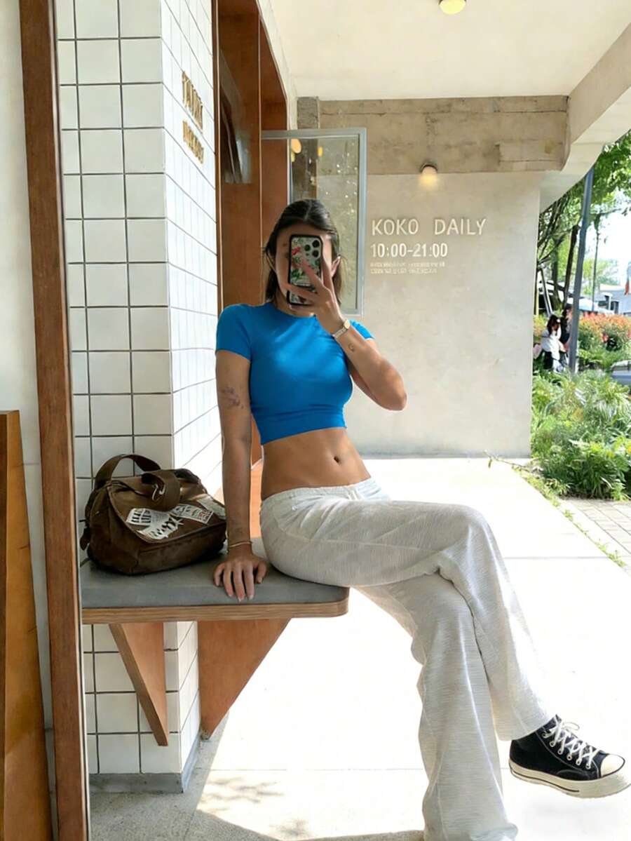 Casual Sports Solid Color Super Short Tight Fit T-Shirt, High Stretch Double Layer Fabric Short Sleeve Tee, Summer - Bright Blue - View 1
