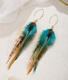Pendientes largos de plumas para mujer, pendientes colgantes de plumas bohemias, pendientes de plumas naturales, pendientes de plumas negras WNCJ - Z - Ver 8