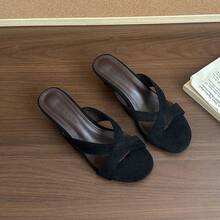 女士方头法式高跟凉鞋，时尚露趾交叉细跟拖鞋，适合春夏穿着 - 黑色 - 查看 3