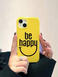Be Happy Smiling Face Pattern Yellow Phone Case, Positive Energy Slogan Protective Cover, Anti-Drop Matte Protective Shell, Compatible With IPhone 16/17/17 Pro Max/12 Pro/17 Pro - Yellow - View 5