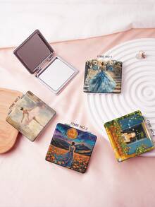 1件装艺术油画风格人像系列折叠式化妆镜，轻巧超薄，便携手持镜，耐用PU皮革材质，适用于多种场景，折叠式方形小镜，方便携带，口袋镜，芭蕾舞者、花田、房屋、猫、女孩、情侣肖像等独特设计，印刷精准细腻，折叠结构，经久耐用，防摔，方便手持，180°翻盖，多功能 - 彩色 - 查看 2