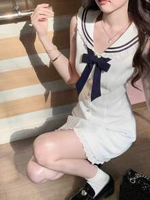 Y6Y Spring New White Lace Trim Sleeveless Mini Dress, Preppy Style - White - View 4