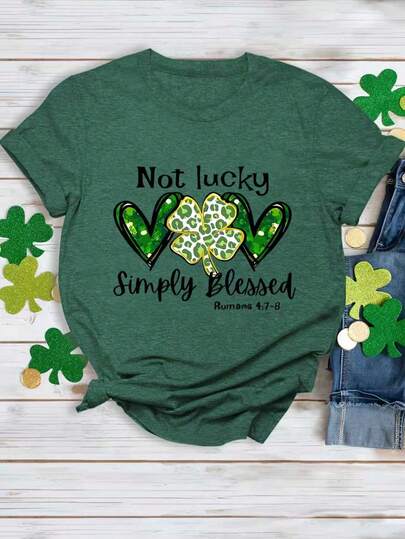 St. Patrick's Day Summer Women's Heart, Four-Leaf Clover, Letter Print Comfortable Retro Fashion Commuting Versatile Plus Size Summer Women's Clothing, Suitable For Outdoor Leisure, Regular Niche Carnival Simple Comfortable Short-Sleeve T-Shirt Tops