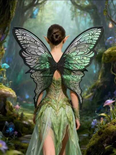 1pc Fairy Butterfly Wings, Halloween Carnival Party Performance Prop, Shiny Butterfly Wings, Bridal Angel Wings, Women's Carnival Costume Accessory, Gold Foil Colorful Wings Flower Headband Elf Ears (6 Color Options)