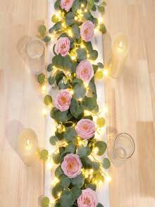 2件套银色桉树叶和满天星花环，带LED灯，粉色山茶花藤蔓，人造绿植花环，适用于家居、房间、教室、卧室、婚礼、新娘送礼会、派对、婴儿派对、露台、情人节、母亲节、毕业典礼、教师节礼物 - 粉色 - 查看 3