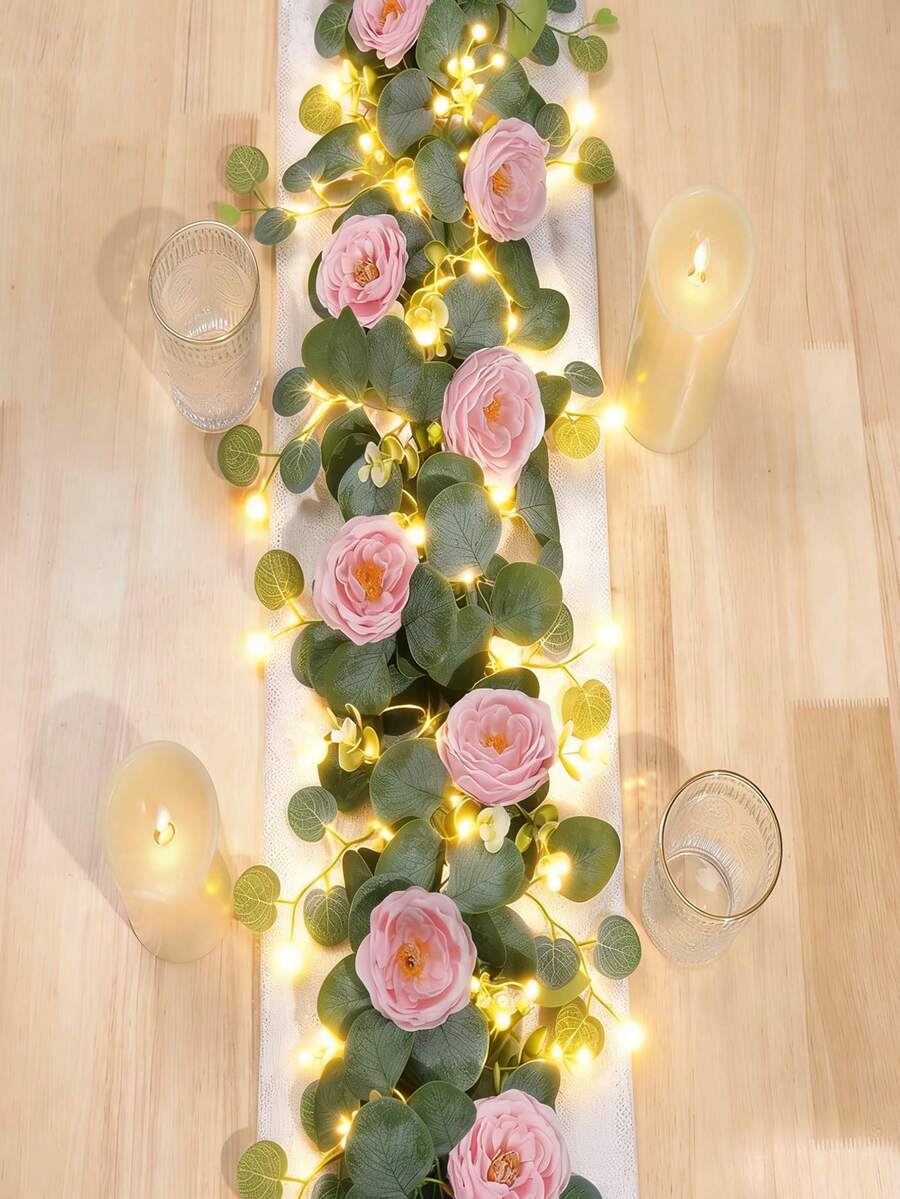2pcs Silver Eucalyptus Leaf & Baby's Breath Floral Wreath With LED Lights, Pink Camellia Vine, Artificial Greenery Garland For Home, Room, Classroom, Bedroom, Wedding, Bridal Shower, Party, Baby Shower, Patio, Valentine's Day, Mother's Day, Graduation, Teacher Gift