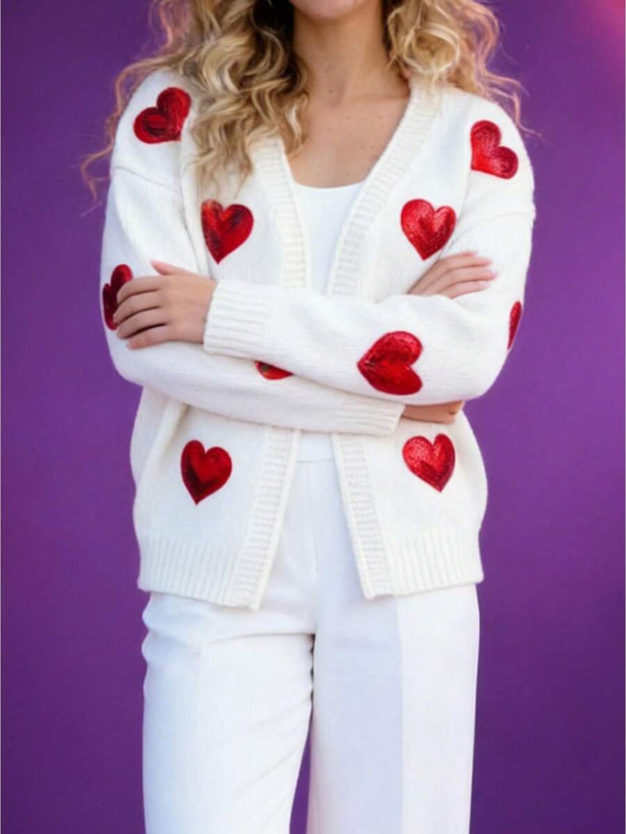 Women Sequin Heart Cardigan Open Front Long Sleeve Knitted Sweater Jacket Casual Winter Fall Clothes - 白色 - 查看 1