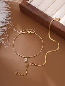 2pcs Minimalist Square Cubic Zirconia Multi-Layer Bracelet, Elegant & Suitable For Women's Daily Wear - Yellow Gold - View 2