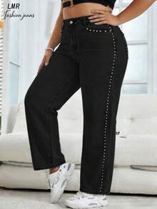Quần jeans nữ cỡ lớn kiểu boyfriend màu đen, dáng suông, đính đinh tán - Quần denim phong cách đường phố cổ điển. - màu đen - Xem 4