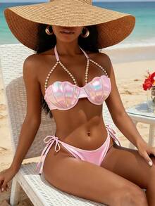 Mermaid Swimsuits For Women Push Up Beaded Seashell Bikini Top Bottom Sets Underwire Bathing Suits - 粉色 - 查看 1