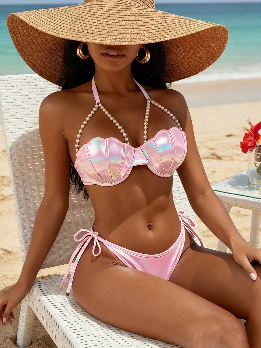 Mermaid Swimsuits For Women Push Up Beaded Seashell Bikini Top Bottom Sets Underwire Bathing Suits - 粉色 - 查看 1