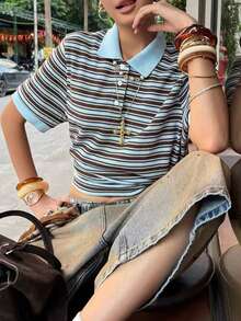 2026 Spring/Summer New Women's Light Blue And Cocoa Brown Striped Turtleneck Short Sleeve Knit Sweater, Classic Stripe Combination, Retro Collegiate Style - Multicolor - View 4