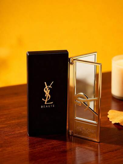 Yves Saint Laurent Espejo de maquillaje plegable portátil premium dorado, herramienta de maquillaje conveniente, de alta calidad, excelente regalo para días festivos