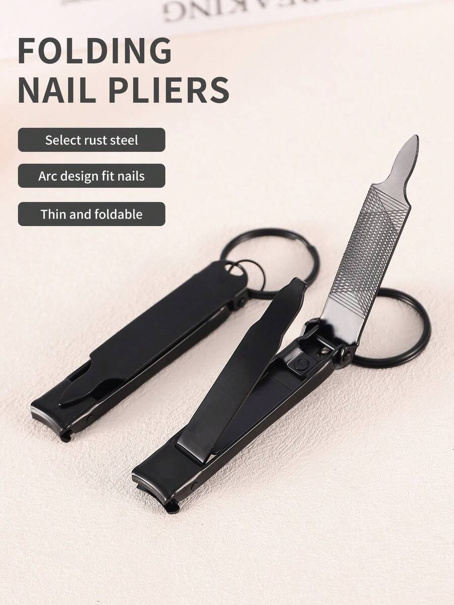 1件沙龙级不锈钢黑色便携超薄锋利钥匙扣多功能可折叠指甲钳指甲剪专业修甲修脚足部护理工具，适合居家、旅行、露营和户外活动 - 黑色 - 查看 1