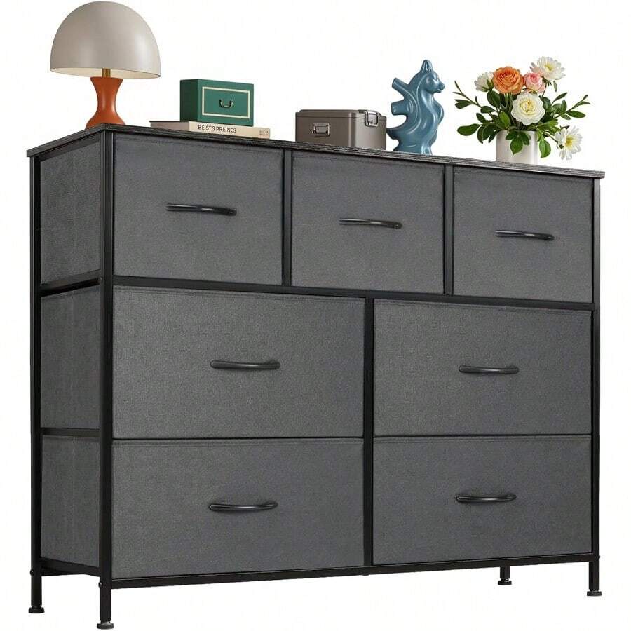 OLIXIS Dresser For Bedroom, 7 Storage Drawers, Wide Fabric Closet Chests Organizer Tower Furniture, TV Stand With Wooden Top Metal Frame For Clothes, Living Room, Hallway, Entryway, Classic White - 灰色 - 查看 1
