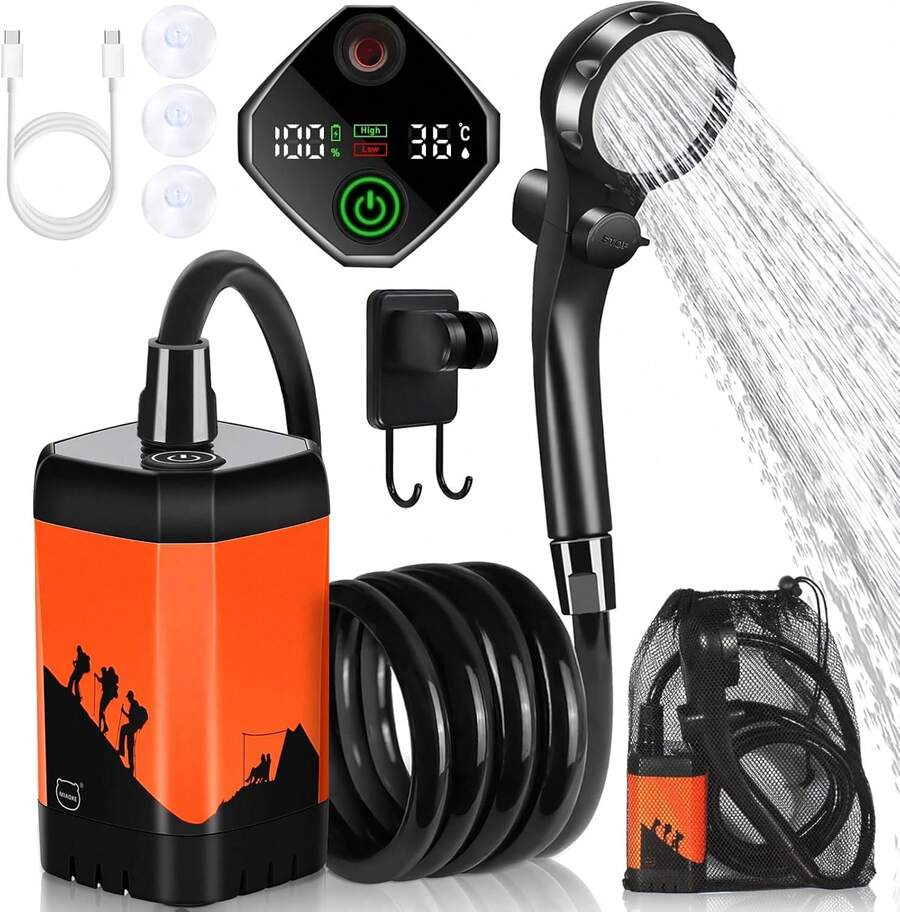 Ducha portátil para Acampar, 7800 mAh, Ducha eléctrica para Exteriores, Bomba Recargable con Pantalla Digital Inteligente, Cabezal de Ducha con Pantalla Temperatura para Acampar - Naranja - Ver 1