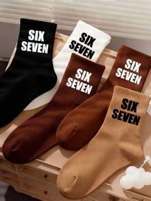 6 Pairs Kids Crew Socks, Black White Kihaki Coffee Beige Socks, Gen Alpha Slang Sport 67 Fun Meme Socks, Six Seven 67 Digital Socks, Six Seven Valentines Day Gift, Unisex Boys Girls Students Running Athletic Socks - Multicolor - View 1