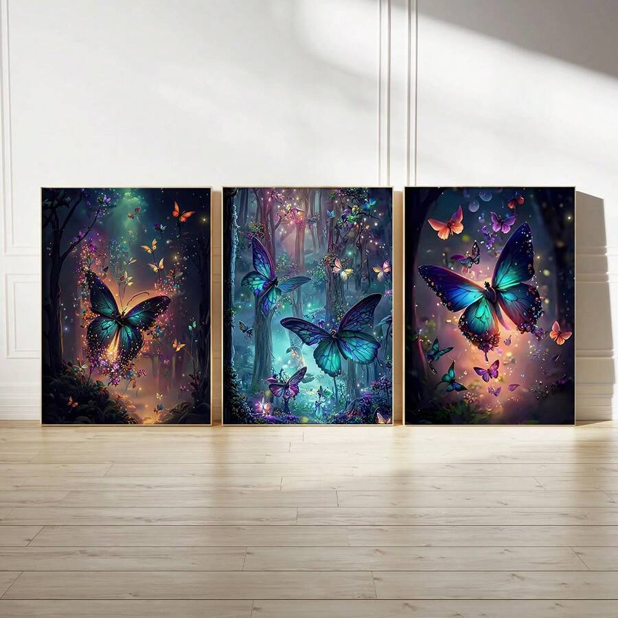 Set de 3 piezas de arte de pared de lienzo con mariposas, diseño de mariposas de bosque soñador, decoración de pared, patrón de mariposas, decoración moderna para el hogar, adecuado para decoración del hogar, decoración de habitación, decoración de dormitorio, decoración de sala de estar, decoración de baño, decoración de pared, arte de pared opcional con marco. - Multicolor - Ver 1