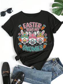 Tricou grafic pentru femei cu mânecă scurtă, guler rotund, drăguț, Gnome Bunny, imprimeu de morcov, casual, top de vacanță, pentru primăvară-vară