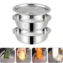 3pcs Stainless Steel Kitchen Set, Includes Integrated Grater, Multipurpose Strainer, And Drainable Prep Bowl - Versatile Bowl For Washing/Cutting Fruits, Vegetables, And Cheese - Silver - View 3