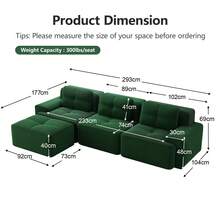 Living Room Sofa Made Of Corduroy, Boneless L-Shaped Sofa With Deep Seat, 3-Seater Modular Sofa With Ottoman, Corner Sofa For Living Rooms And Apartments, Assembly Not Included - 綠色 - 查看 3