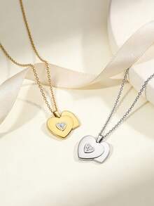 TONSI 1件时尚简约独特高端18K镀金不锈钢心形锆石吊坠项链，颈链，情侣项链，情人节礼物，情侣首饰礼盒，送给朋友、爱人的礼物，可打开的心形项链