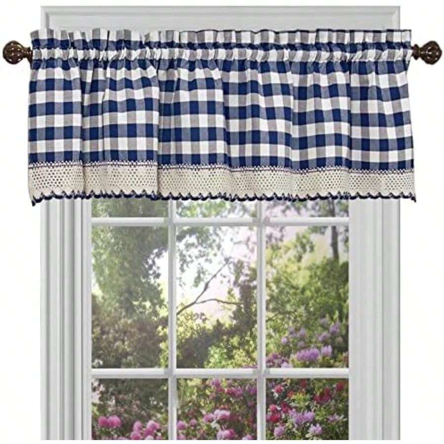Achim Home Furnishings Buffalo - Cortina de Cuadros para Ventana, Cortina atable, , Tie Up Shade 42" 63", 1(Azul (Navy & Ivory) 35.6An x 147.3Al cm (1 Paneles)) - Multicolor - Ver 1