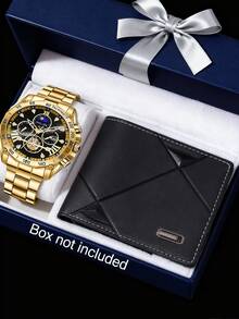 Set de 2 relojes de lujo dorados para hombres, que incluye 1 reloj de cuarzo dorado con función múltiple y números romanos, y 1 billetera de cuero PU con patrón de rombos negros - Dorado - Ver 2