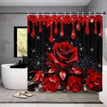 1/4 Piece Rose Shower Curtain Decor, Elegant Housewarming Gift, Modern Home Decor, 3-Piece Shower Curtain And Bath Mat Set With Shower Curtain Hooks, Best Valentine's Day Gift, Bathroom Decor, Bathroom Accessories