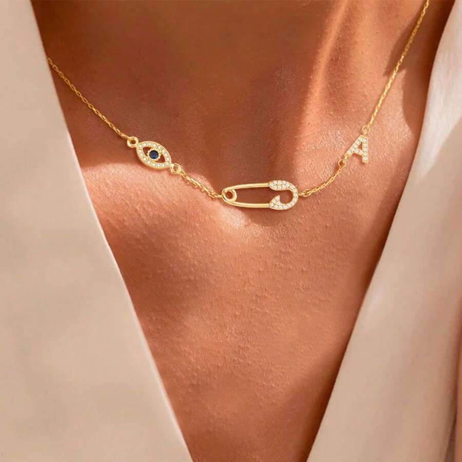 1件新款时尚经典字母眼形胸针吊坠金色不锈钢链项链女士款 - 金黃色 - 查看 1