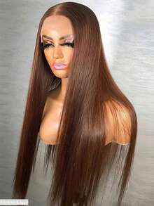 180% Density Real Human Blended Hair Wig 13x4 Lace Front Wigs Human Blended Hair Straight Human Blended Hair Wig With Baby Hair HD Transparent Lace Front Wigs Human Blended Hair Pre Plucked Frontal Wigs Human Blended Hair 8-36Inch Brown - Brown - View 3