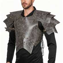 一套中世纪维京复古PU皮革手工铆钉战士盔甲胸甲肩甲服装，嘉年华舞台服装，北欧维京战士角色扮演凶猛盔甲套装 - 灰色 - 查看 5